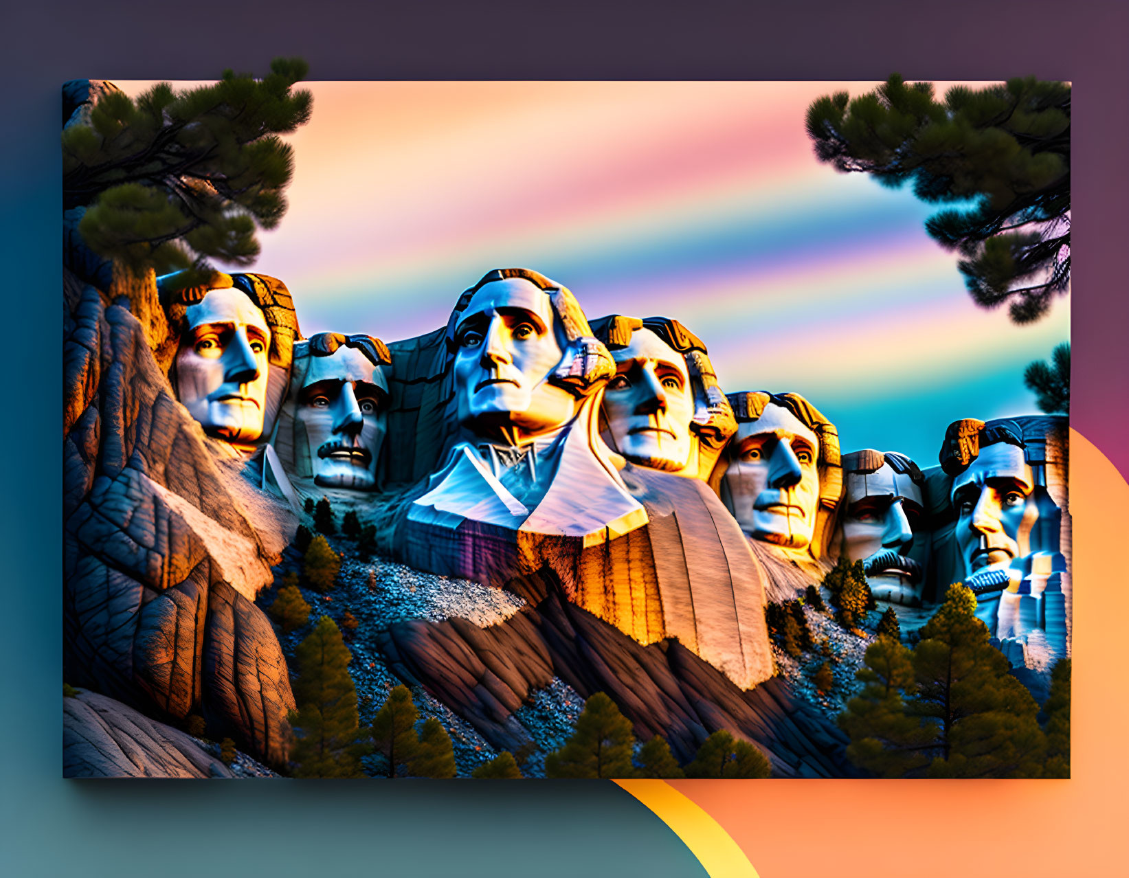 Vivid Mount Rushmore illustration with colorful sky and presidential sculptures among pine trees