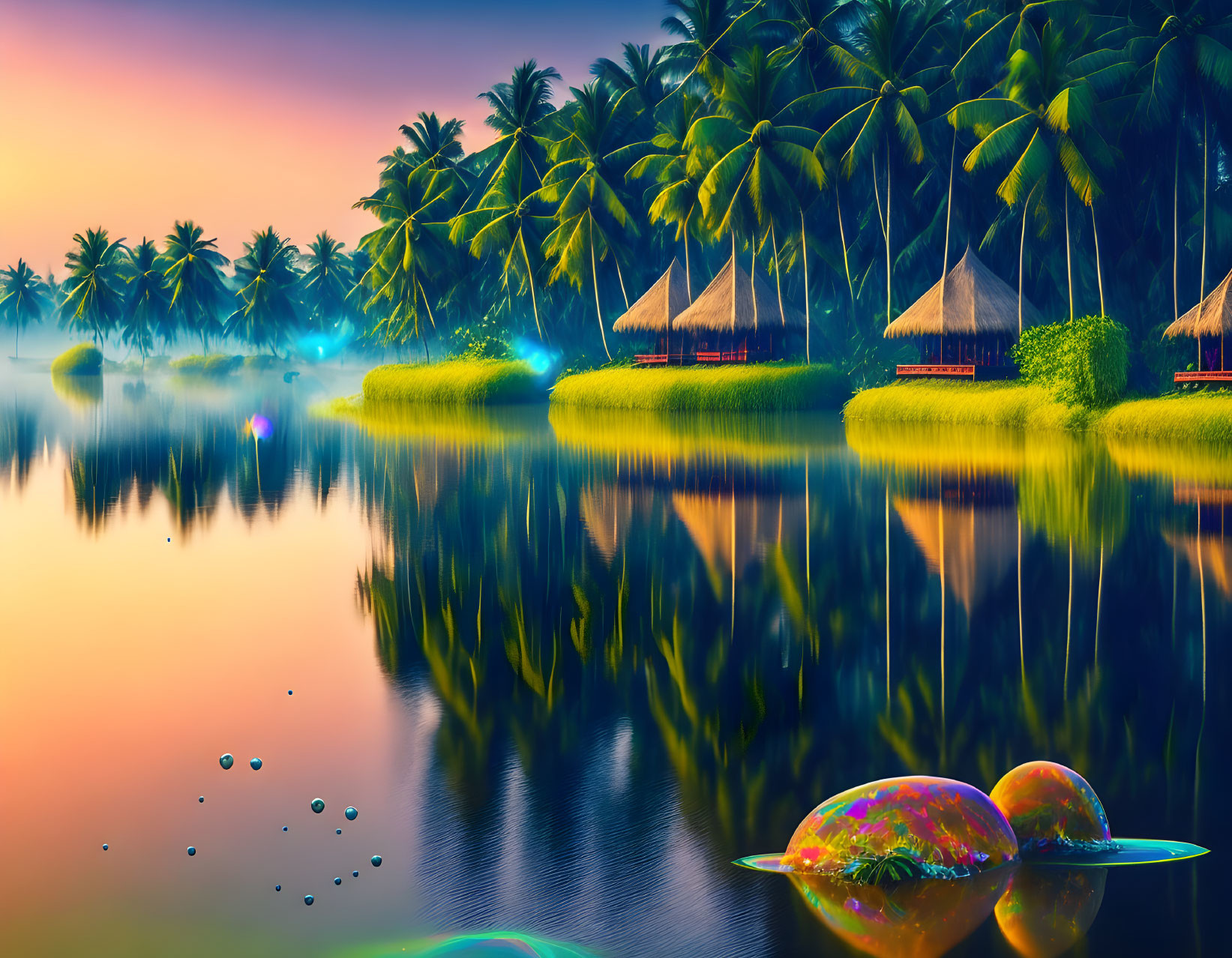 Thatched huts by calm river with palm trees and bubbles at sunset