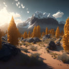 Golden trees, rocks, and towering mountains in serene landscape