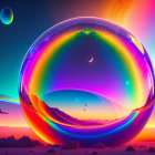 Colorful digital artwork: Giant bubble in surreal sunset sky with planets