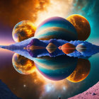 Symmetrical cosmic artwork featuring fiery and cool-toned planets