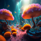 Colorful coral trees and fish in sunlit underwater scene