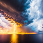 Thunderstorm with lightning strikes over water and city skyline amid dark and sunlit clouds