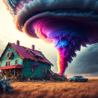 Vibrant tornado near abandoned house with classic car under dramatic sky