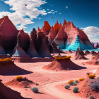 Vibrant red and orange sand formations with blue shaded peaks under a sky with multiple large planets visible