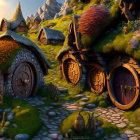 Fantasy village with hobbit-style houses in grassy hills