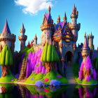 Fantastical castle with multiple turrets on lush islands under vivid blue sky