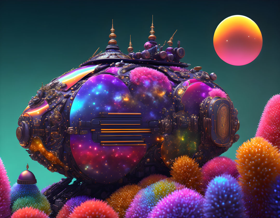 Colorful Galaxy-Themed Submarine Surrounded by Vibrant Plants