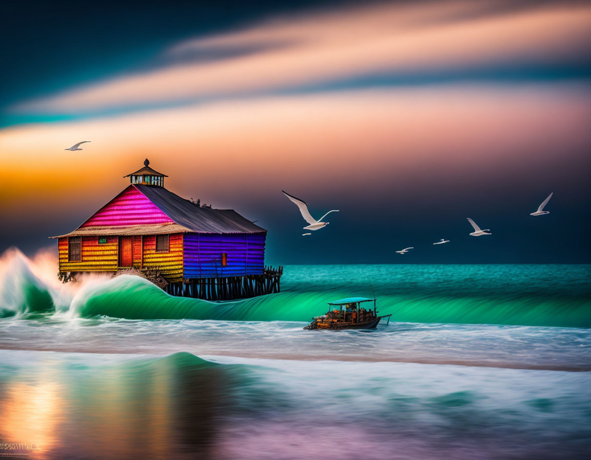 Colorful Wooden House on Stilts Over Green Waves at Sunset