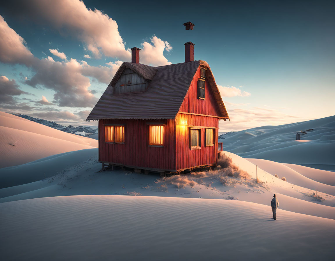 Solitary figure in front of warmly lit red cabin at twilight