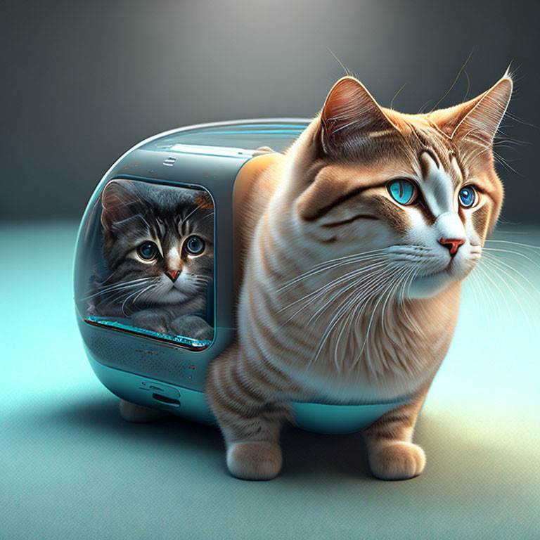 Tabby cat with blue eyes merged with futuristic cat carrier, smaller kitten inside.