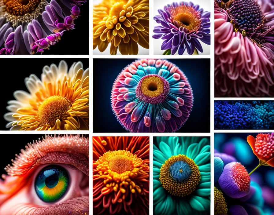 Colorful Macro Photography Collage of Flowers and Human Eye