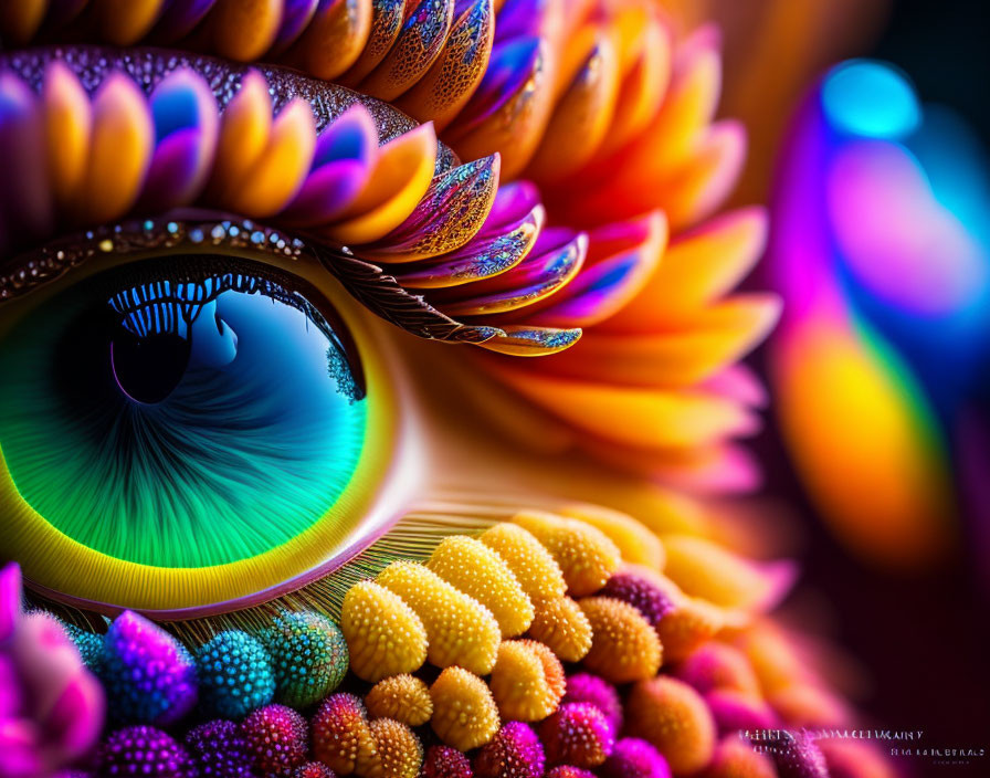 Detailed Macro Shot of Colorful Eye Surrounded by Textured Petal-Like Details