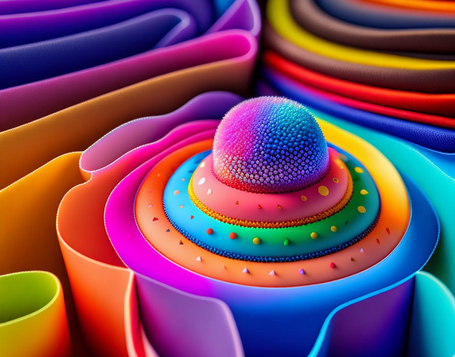 Colorful Spiral Layers Around Textured Sphere with Dotted Surface