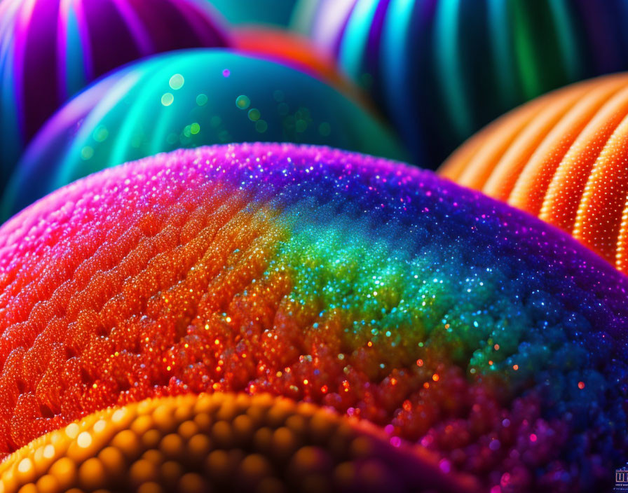 Colorful Glittery Spheres with Textured Surfaces in Rainbow Spectrum