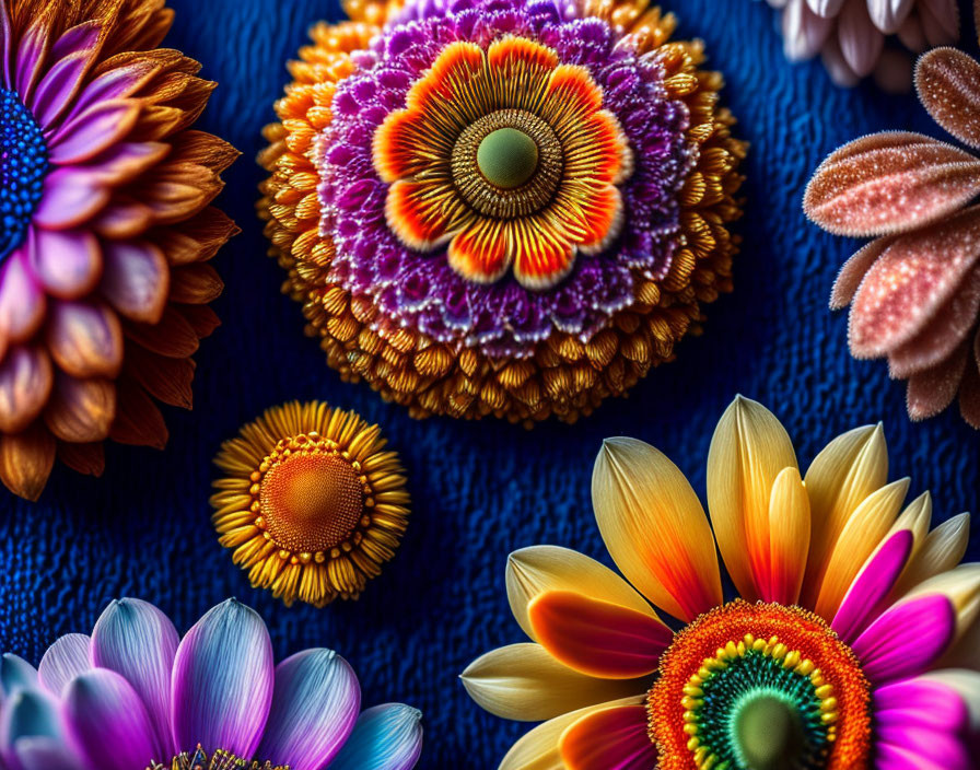 Colorful Daisy-Like Flowers on Textured Blue Background