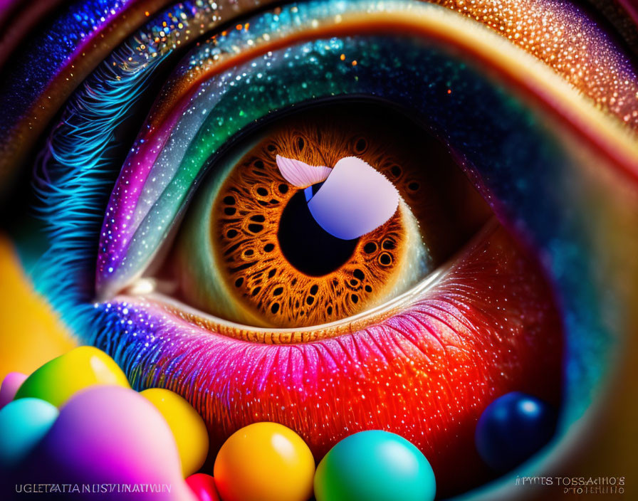 Colorful close-up of a human eye with vibrant details and surrounding orbs