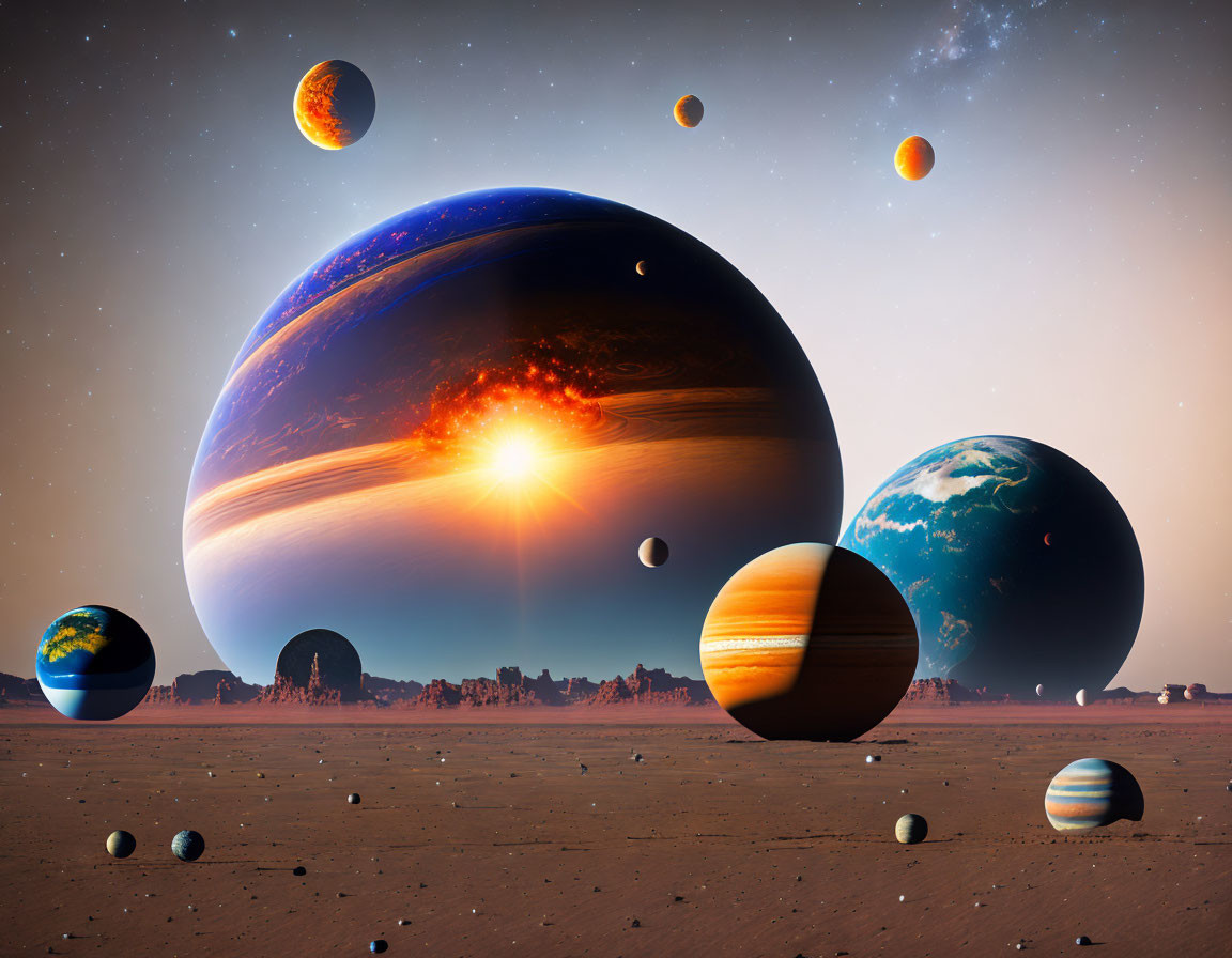 Surreal landscape with multiple planets above desert surface