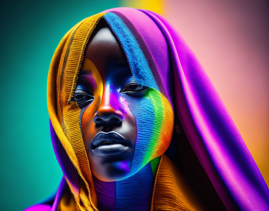 Colorful shadow portrait with orange and purple headscarf on gradient background