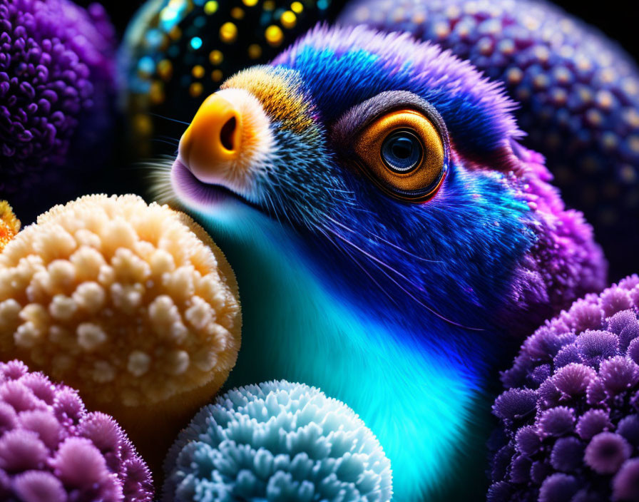 Vividly colored creature with orange eye among textured spheres