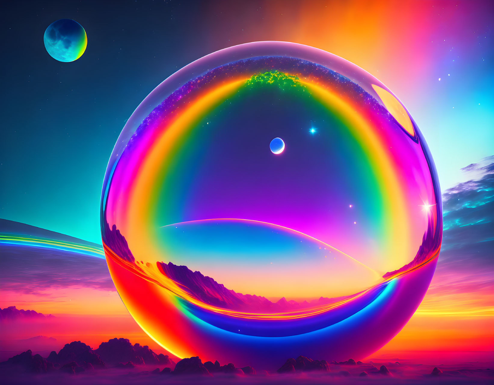 Colorful digital artwork: Giant bubble in surreal sunset sky with planets