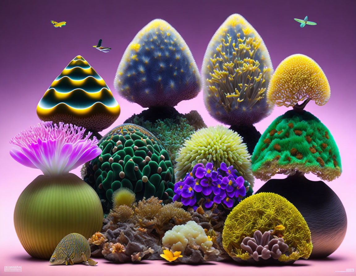 Colorful digital artwork: stylized coral structures and floating insects