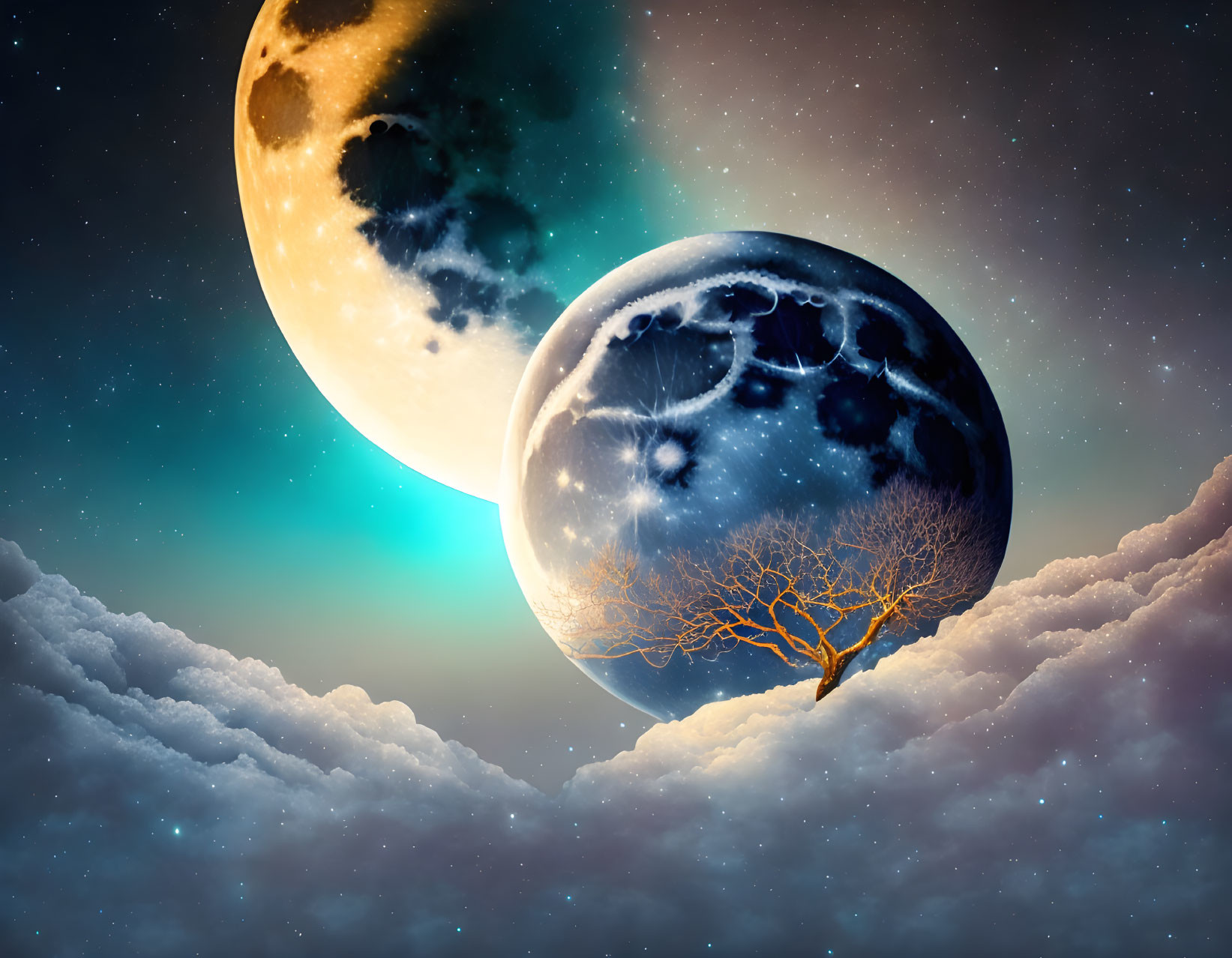 Surreal landscape: lone tree on cloud bank, two oversized moons in starry sky