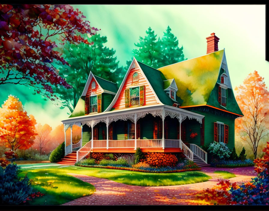 Detailed Victorian house illustration surrounded by autumn trees.