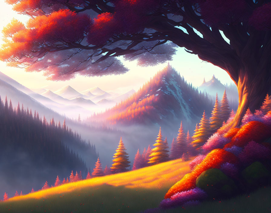 Colorful illustration of magical landscape with red trees, sunlit meadow, misty mountains