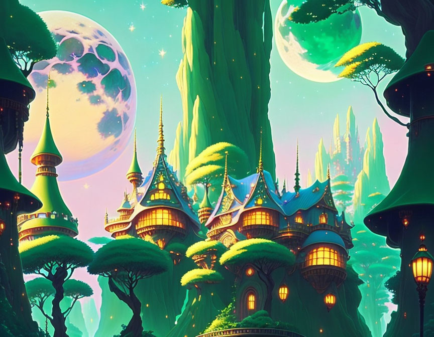 Whimsical fantasy landscape with green castles, trees, and dual moons