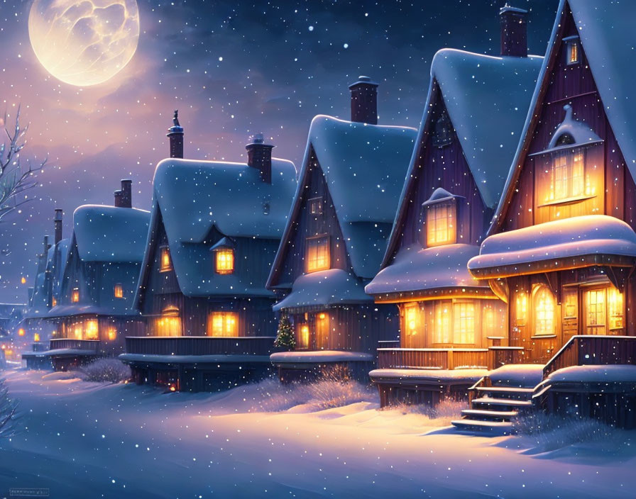 Winter Scene: Snowy Cottages Under Full Moon