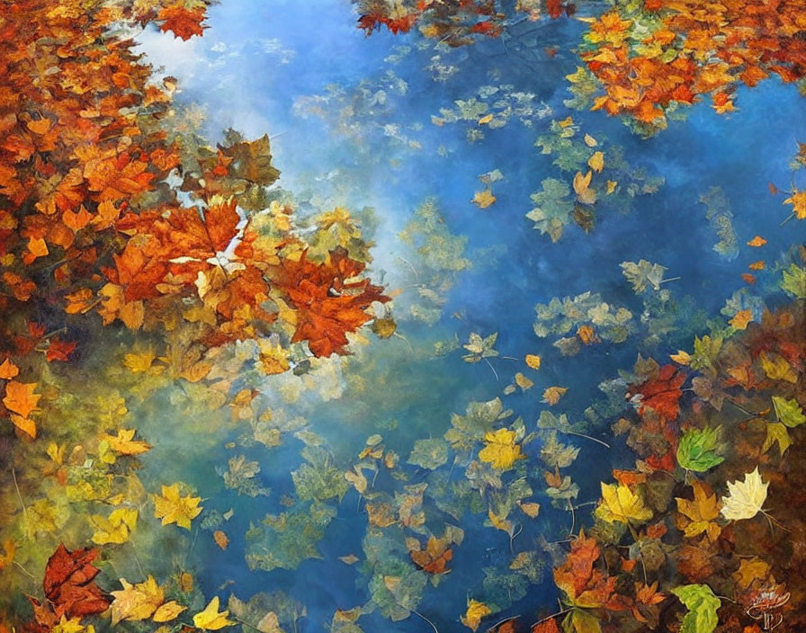 Tranquil autumn leaves on calm water: blue and orange blend