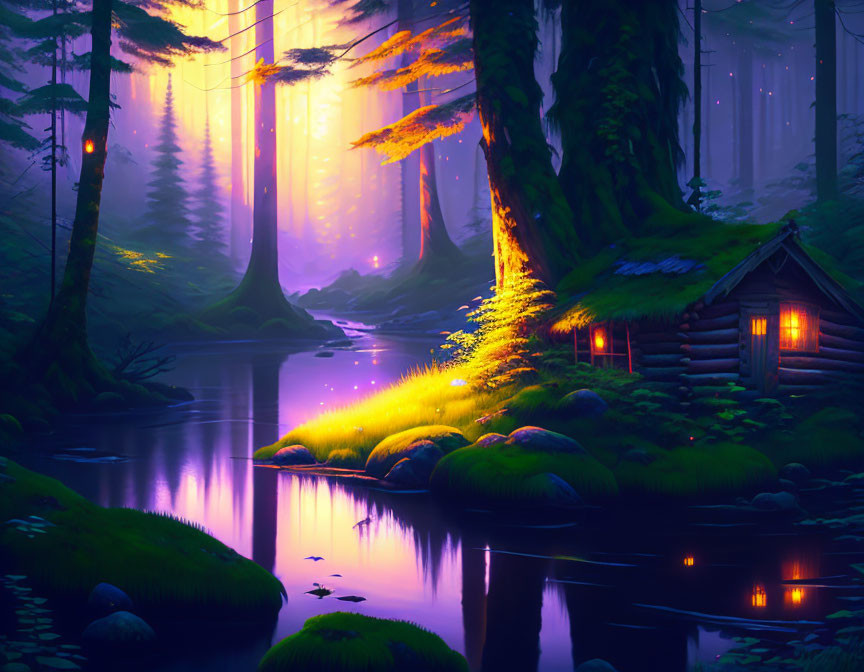 Tranquil twilight scene of glowing cabin by river in mystical forest