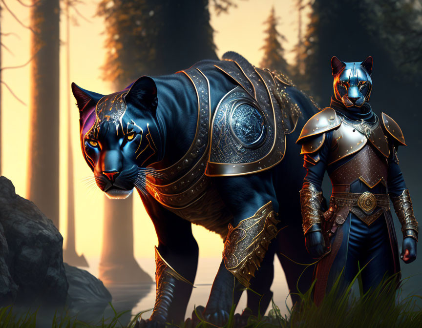 Black Panther and Feline-Headed Figure in Armor Walk in Forest at Sunset