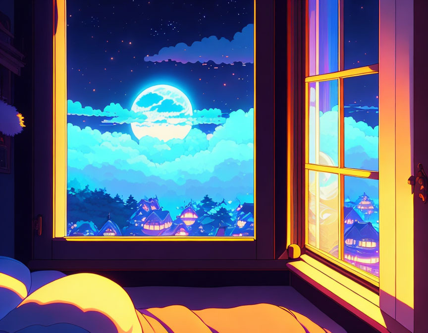 Illustration of cozy bedroom with open window, night view of full moon, stars, and silhou