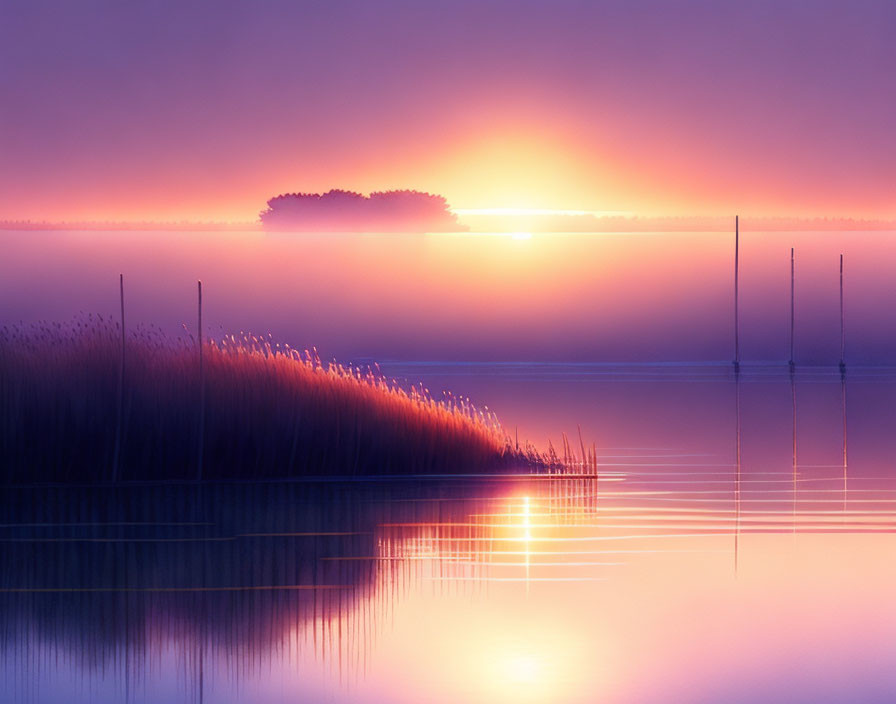 Tranquil lake sunrise with mist and silhouetted reeds in serene color gradient