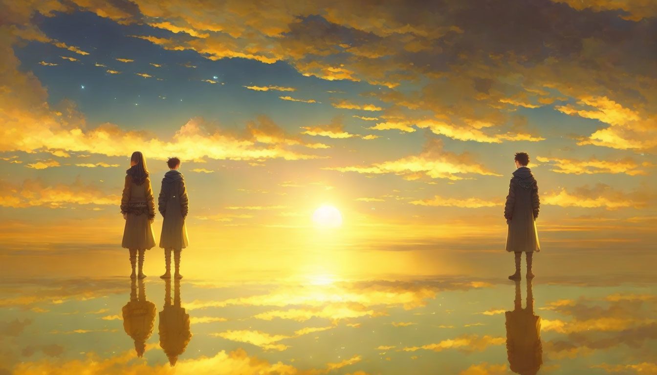 Surreal reflective surface with two people under dramatic sky