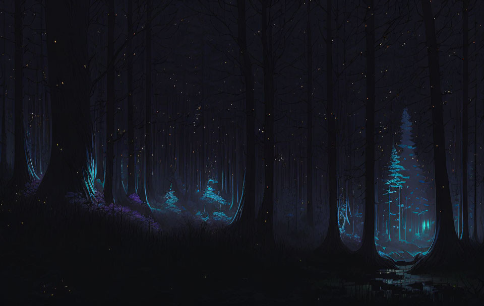 Enchanting night forest with glowing blue flora and bright blue tree