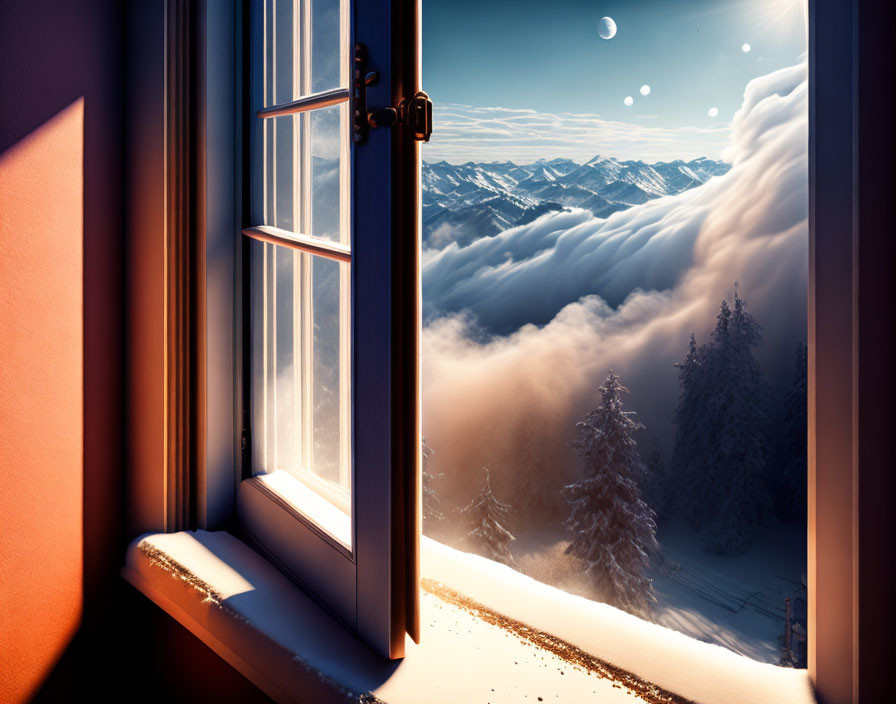 Snow-covered trees and mountains at sunset with twinkling stars