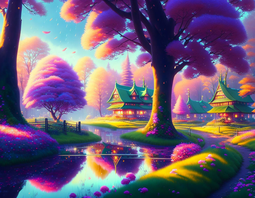 Fantasy landscape with pink-purple trees, reflecting waterways, and colorful buildings