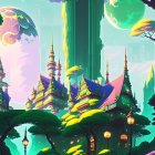 Whimsical fantasy landscape with green castles, trees, and dual moons