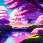 Fantasy landscape with pink-purple trees, reflecting waterways, and colorful buildings