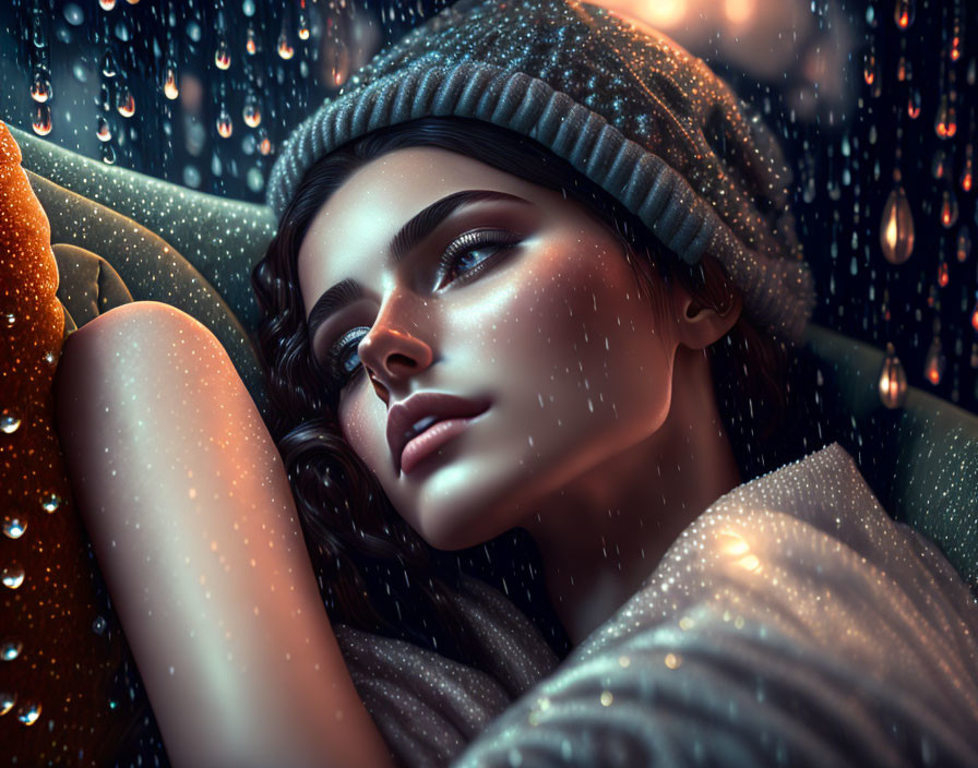 Young woman in beanie gazes out rain-spattered window.