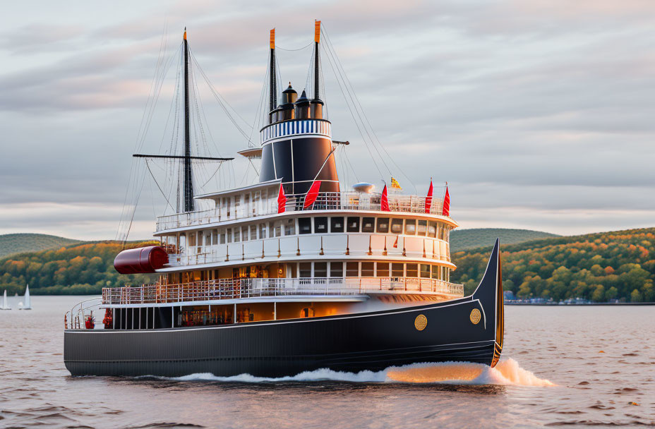 Vintage-style steamboat with two masts and black smokestack sailing on calm waters at sunset.