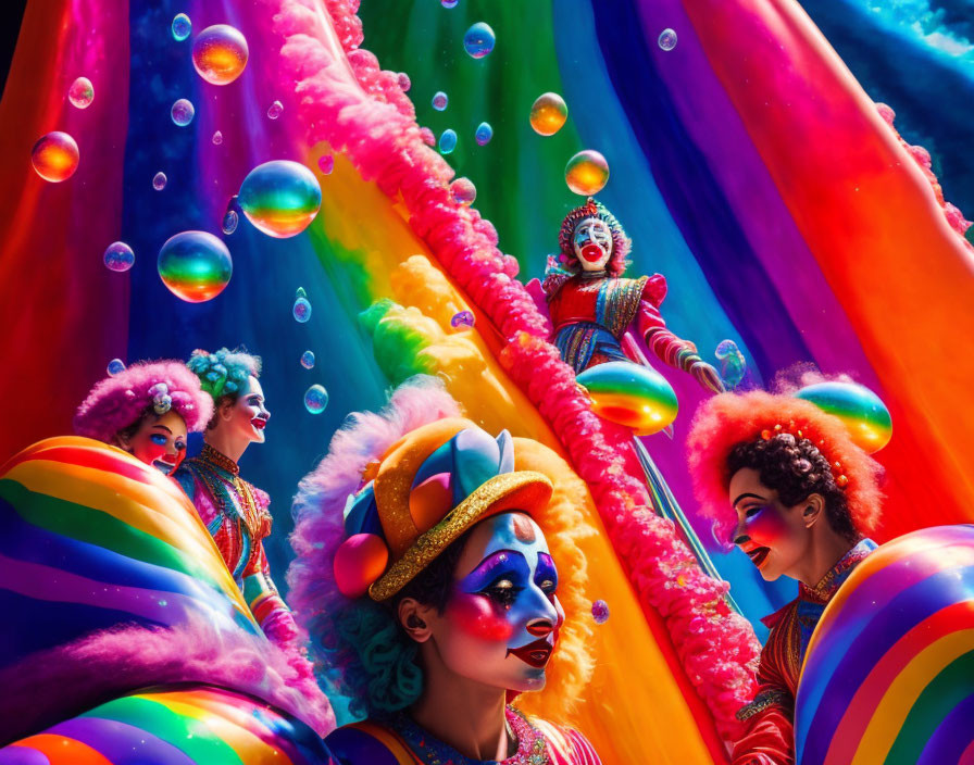 Vibrant carnival scene with colorful performers and rainbow decorations