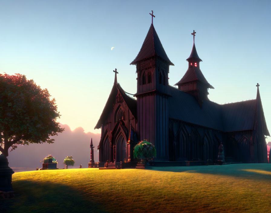 Gothic church scene at sunset with warm lighting and lush greenery