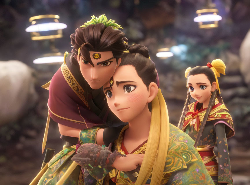 Three animated characters in traditional attire: two focused, one smiling