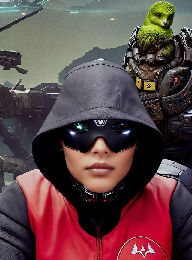 Futuristic person in high-tech hood with parrot on soldier's shoulder