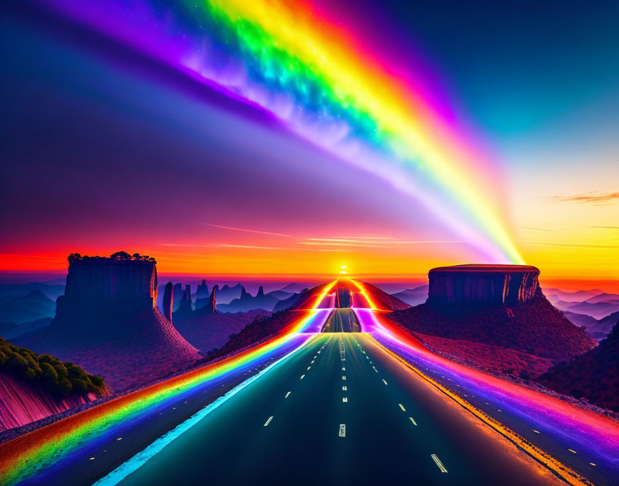 Vibrant digital artwork: road to sunset with rainbow spectrum