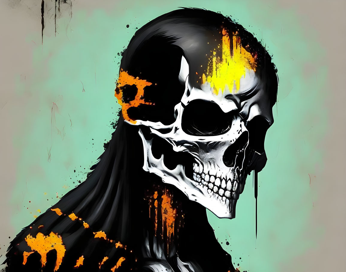 Skull illustration with orange and yellow splatter on grey background